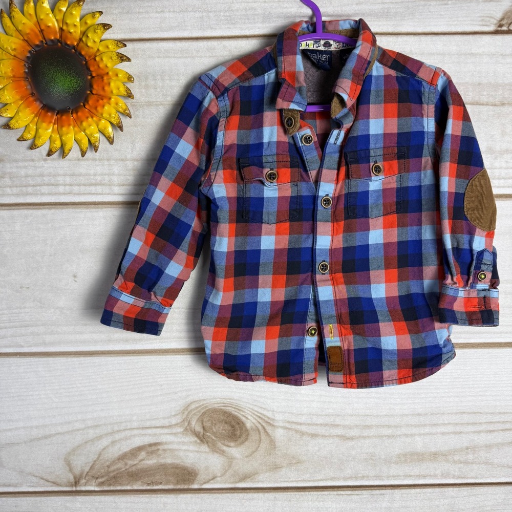 Baker by Ted Baker Boys Plaid Button Down Shirt Elbow Patches Size 6-12M